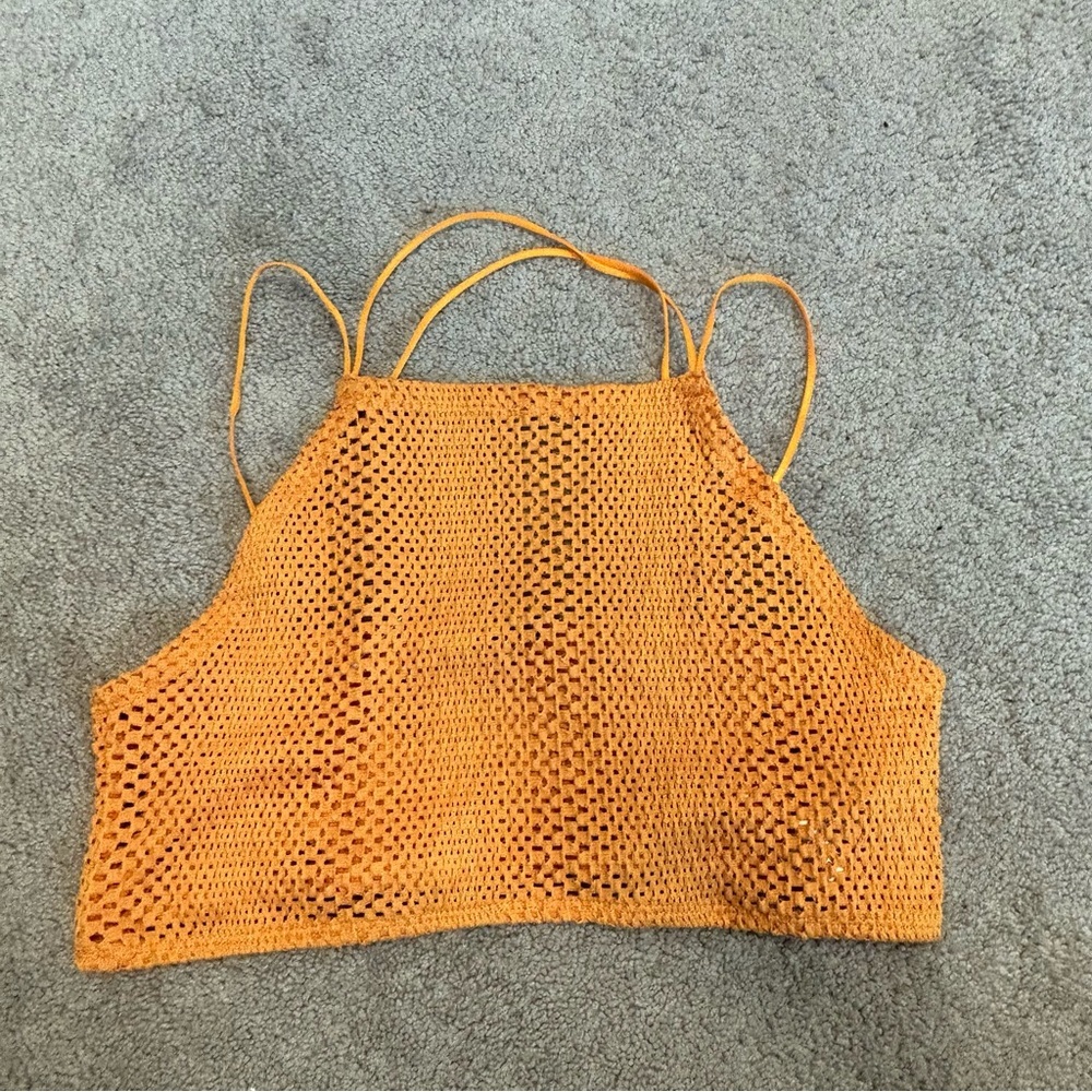 Zara orange perforated mesh knit stretchy halter top crop top strappy Sz M - Picture 3 of 11